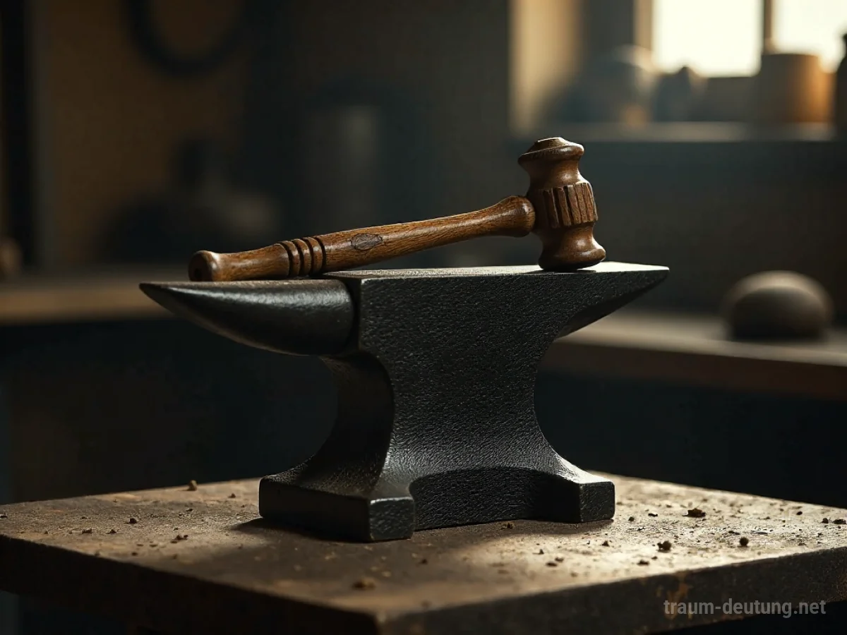 Ein Amboss mit einem Hammer darauf in einer Werkstatt.