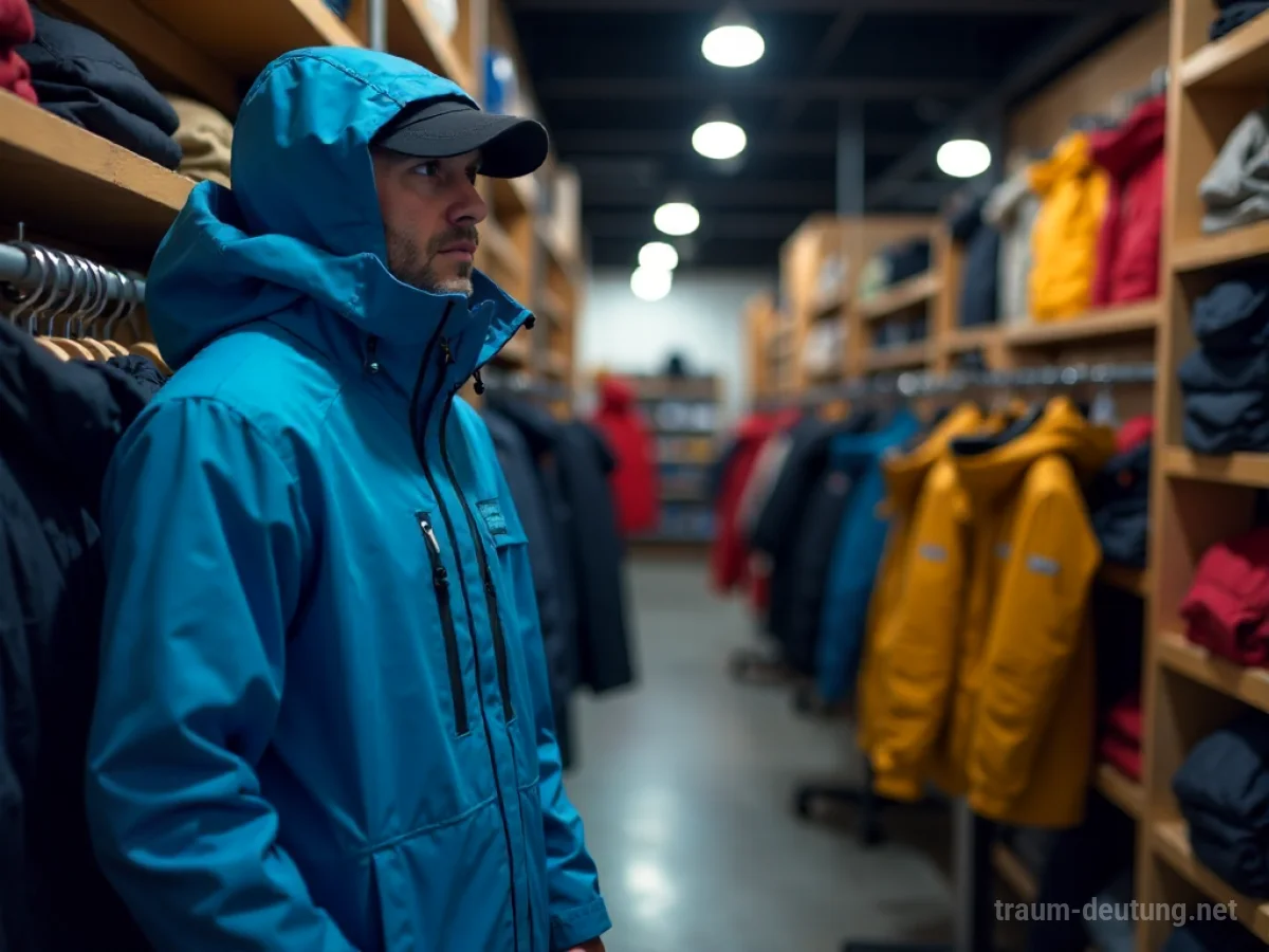 Person wählt einen neuen blauen Anorak in einem Geschäft aus