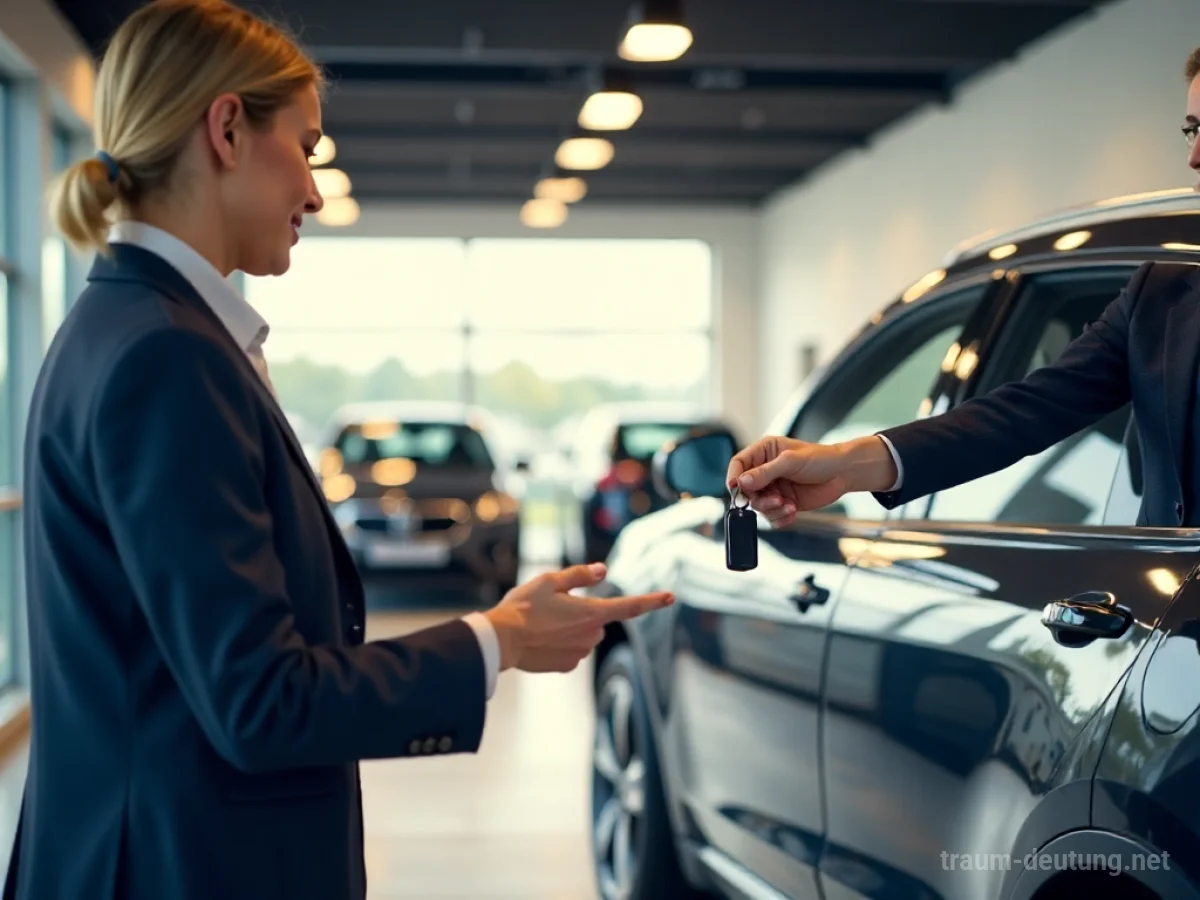 Glückliche Person erhält Schlüssel zu einem neuen Auto in einem Autohaus.