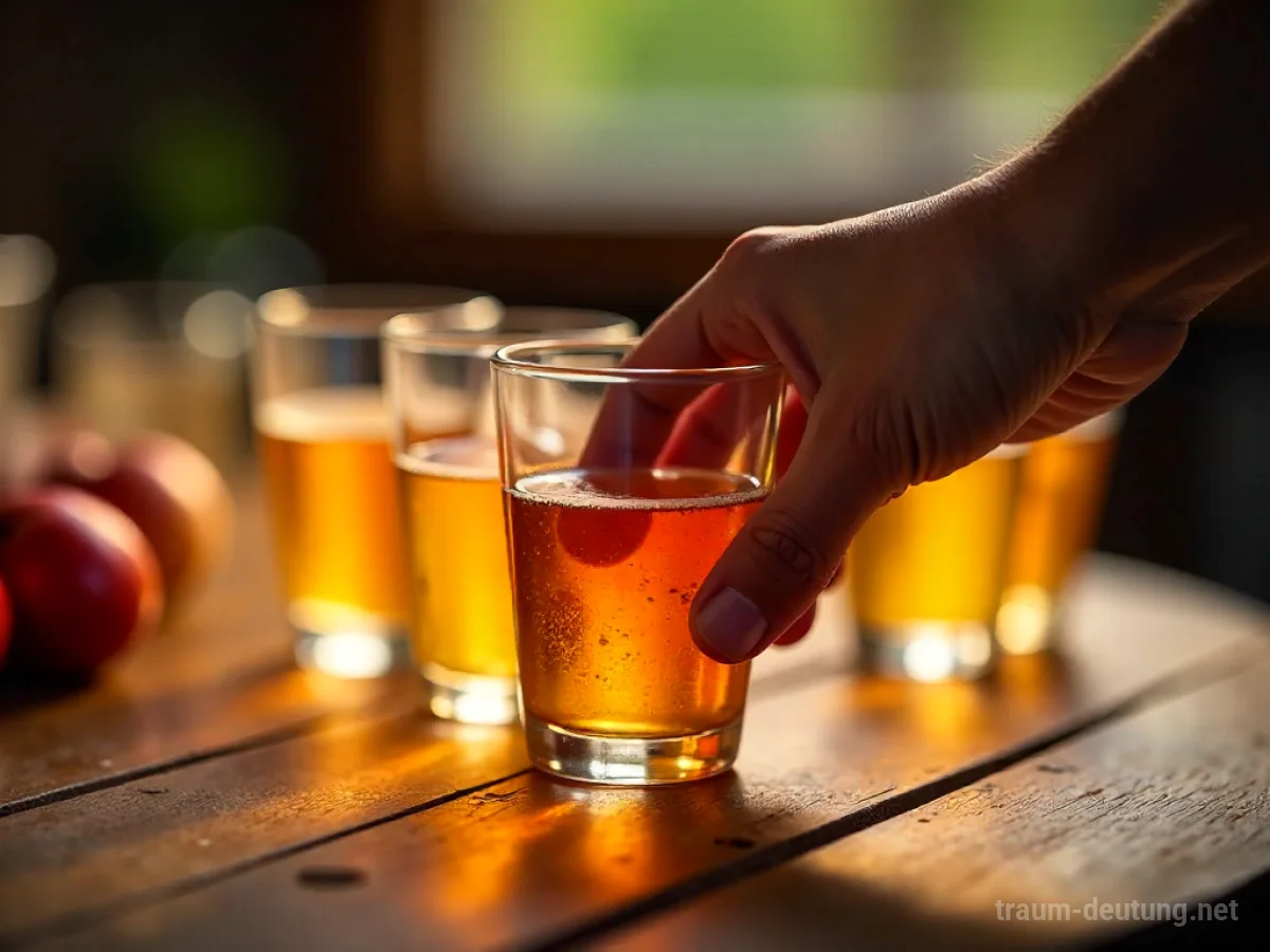 Mehrere Gläser Apfelwein auf einem Tisch, eine Hand greift nach einem.