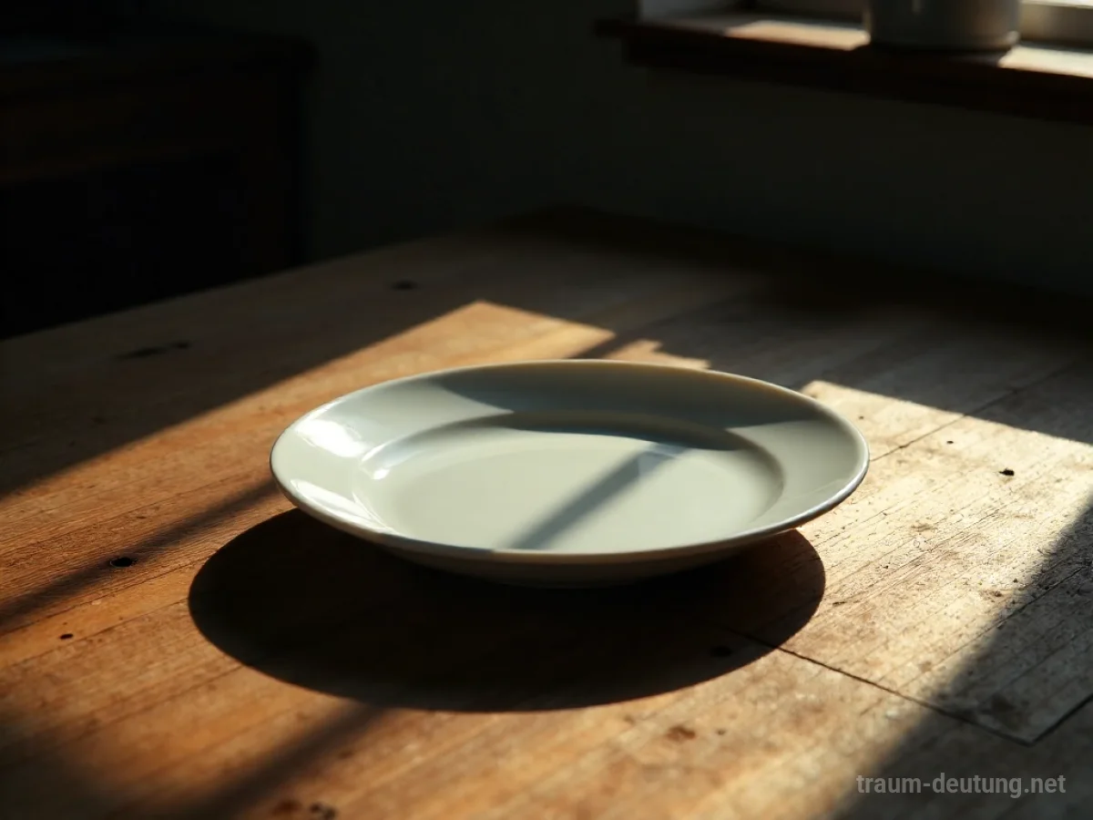 Leere Teller auf einem Holztisch, der Armut und Hunger symbolisiert.