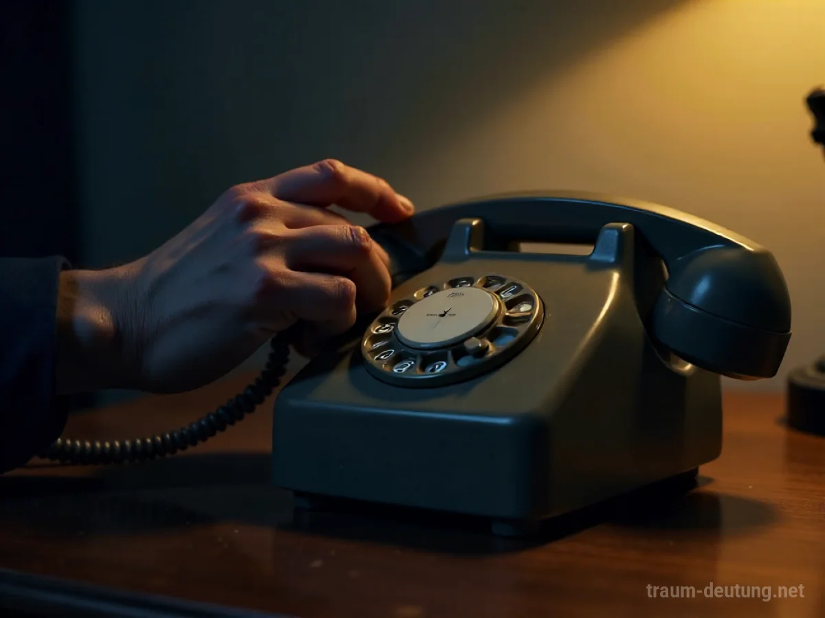 Hand wählt Notrufnummer auf einem alten Telefon in einem dunklen Raum.
