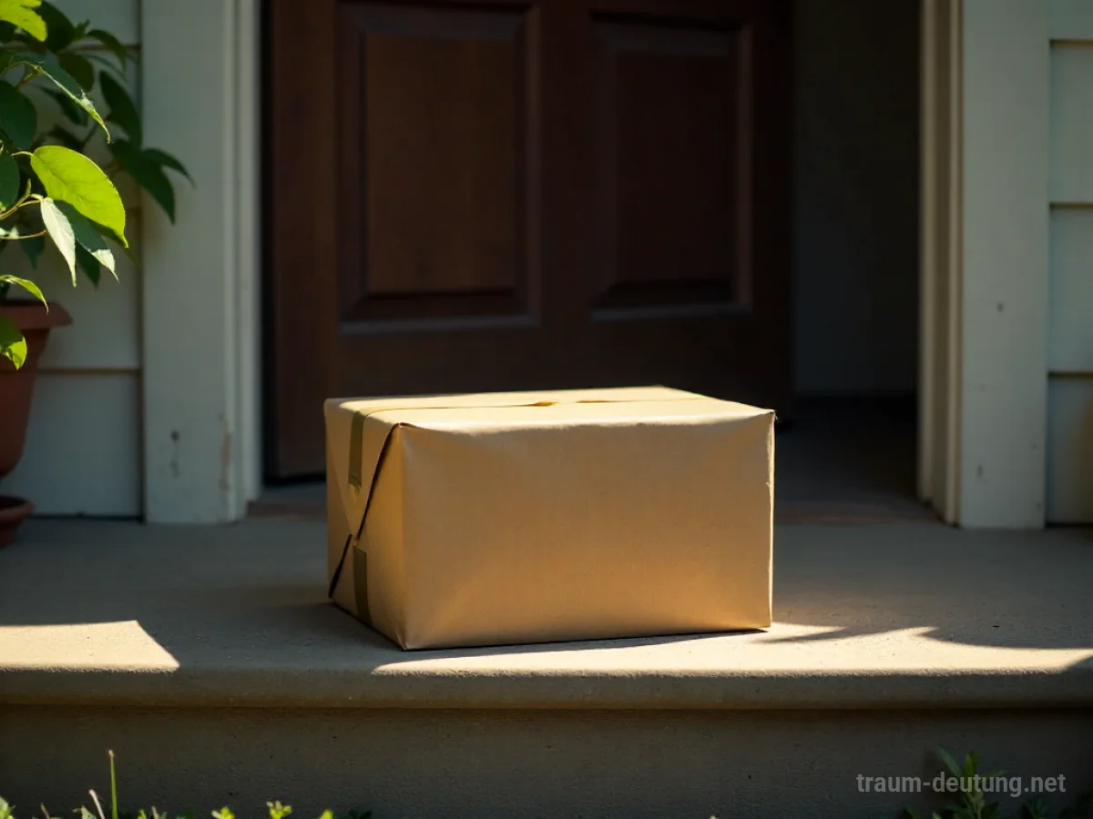 Ein Paket steht auf einer Holz-Türschwelle im sanften Morgenlicht.