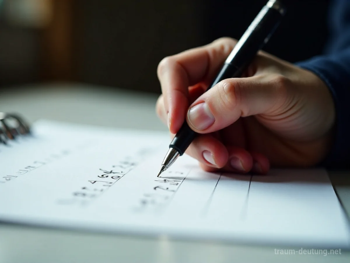 Hand schreibt einen perfekten Aufsatz mit einem Stift auf Papier