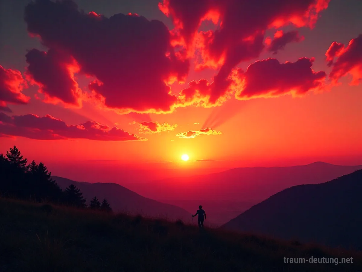 Ein leuchtend roter Abendhimmel über einer ruhigen Landschaft, der Wärme und Übergang symbolisiert.