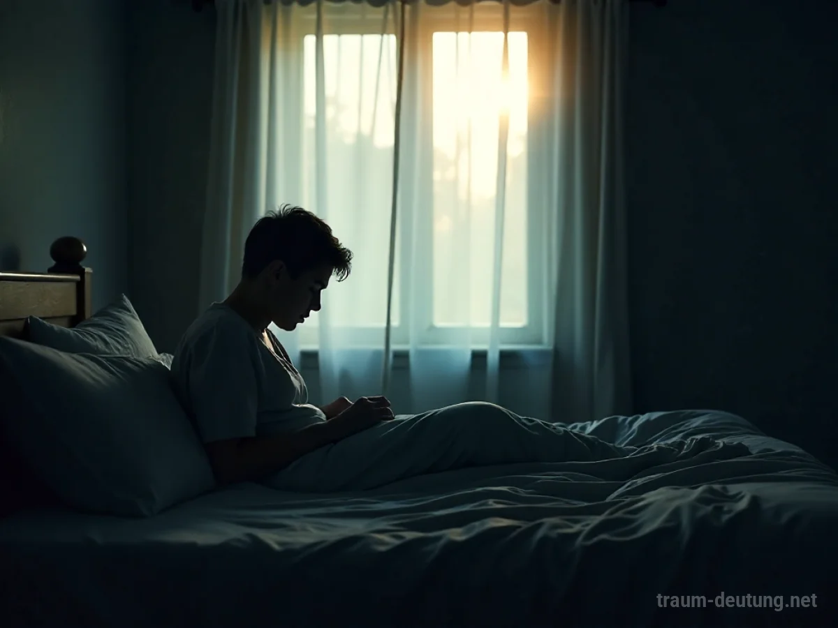 Eine Person im Bett, die plötzlich erwacht, mit Lichtstrahlen, die durch ein Fenster fallen.