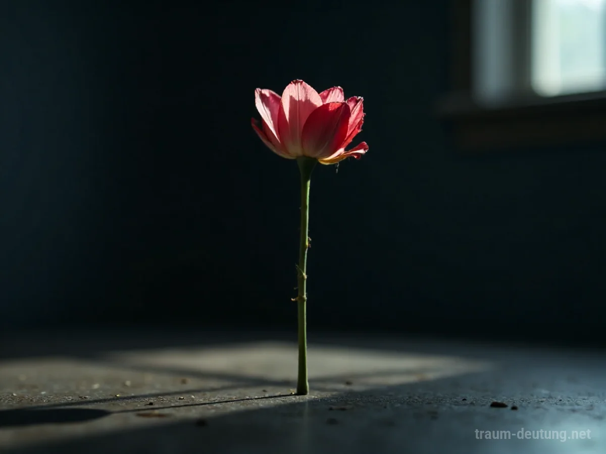 Eine verwelkende Blume in einem dunklen Raum, deren Farbe verblasst.