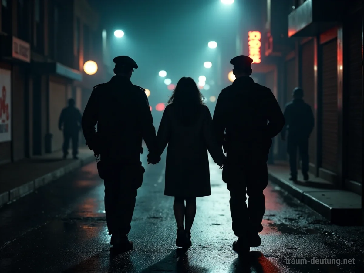 Silhouette einer Person, die von Polizisten abgeführt wird in einer dunklen Gasse.