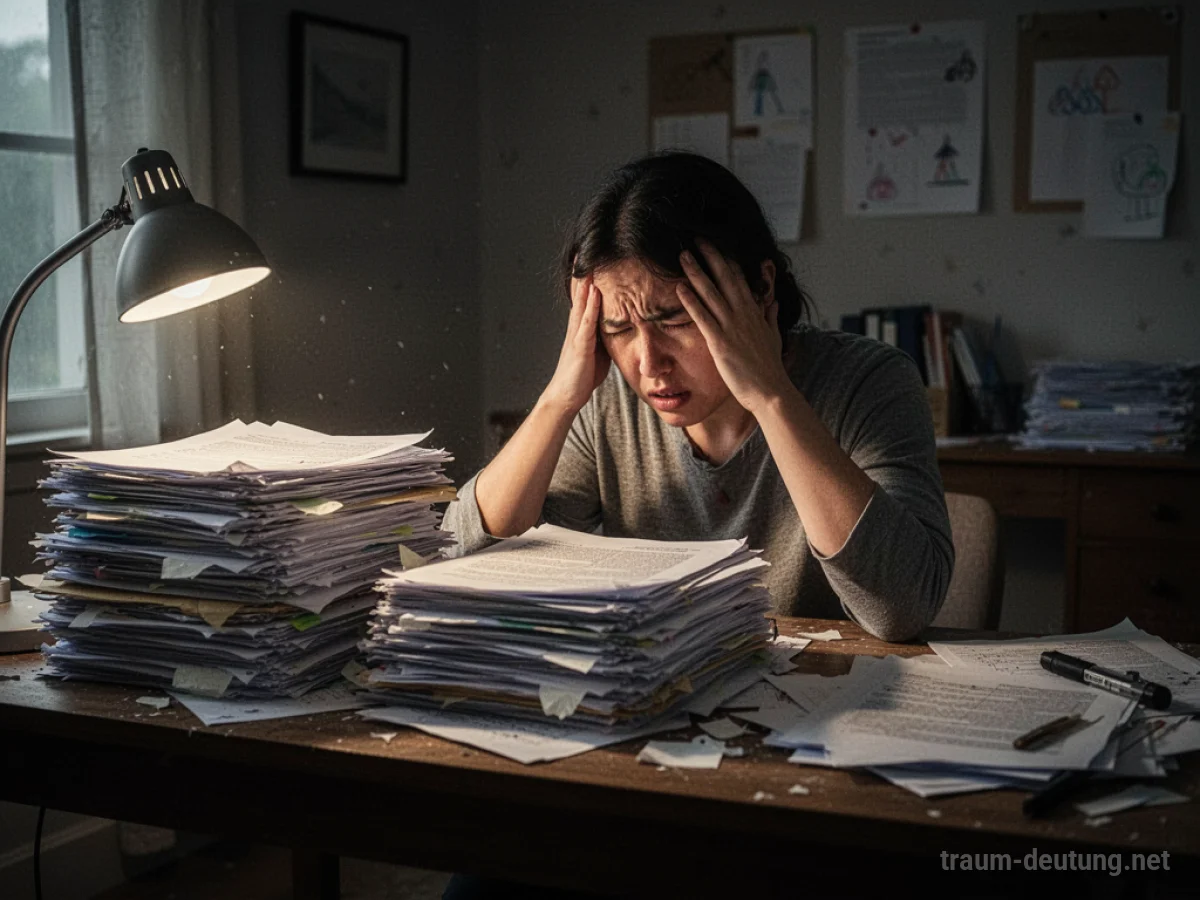Person sitzt gestresst am Schreibtisch mit unerledigter Arbeit.