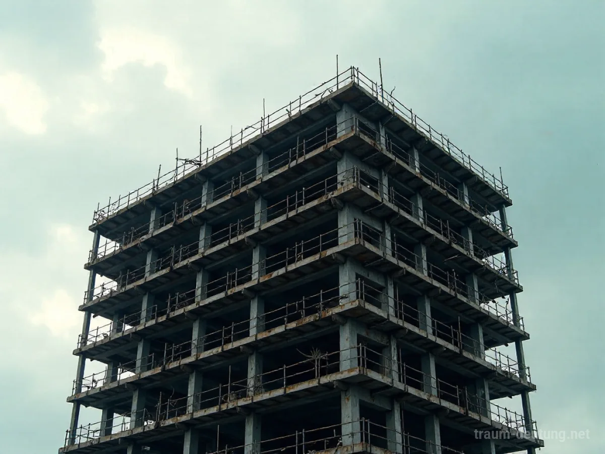 Unvollendete Baustelle mit Gerüsten, die einen abgebrochenen Bauprozess symbolisiert.