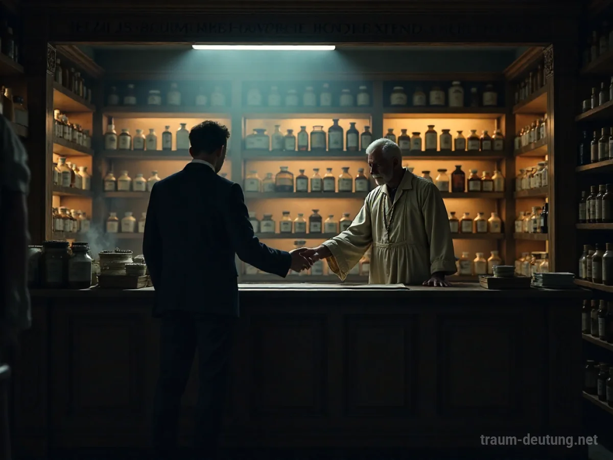 Eine Person sucht Rat bei einem Apotheker hinter einem Tresen.