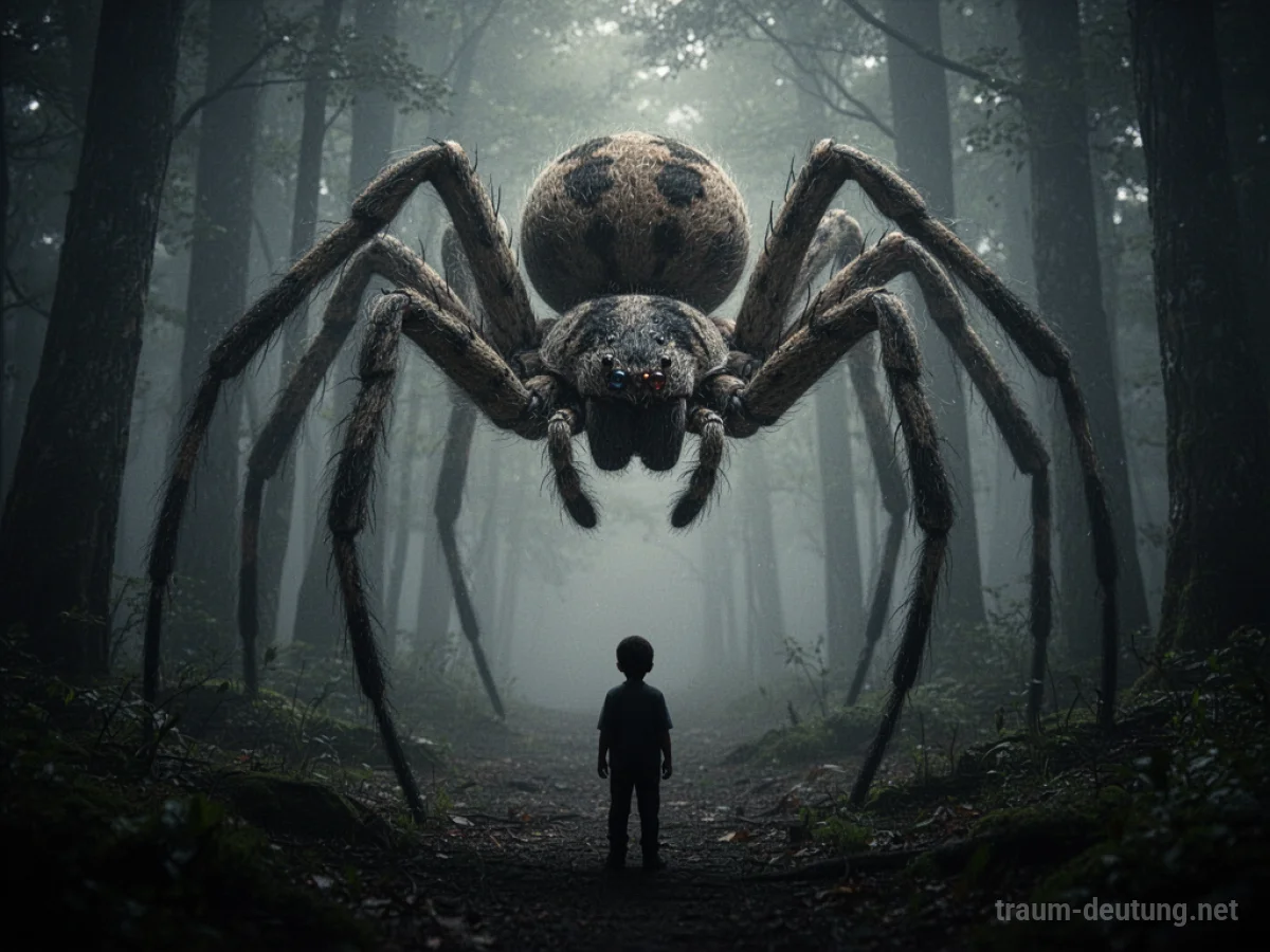 Eine riesige Spinne bedroht eine kleine Figur in einem dunklen Wald.