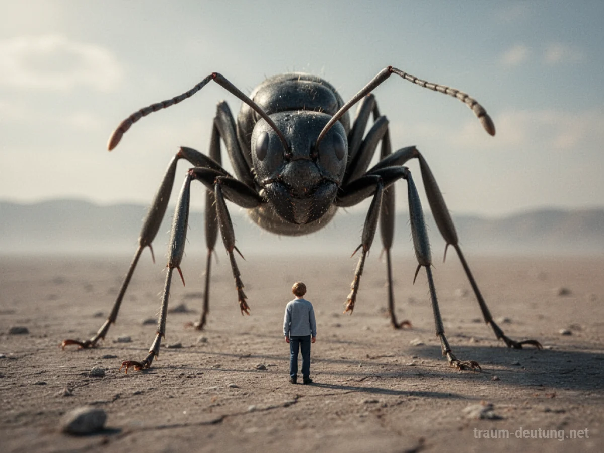 Riesige Ameise überragt kleine menschliche Figur in einer weiten Landschaft.
