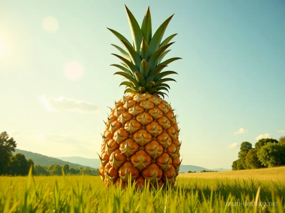 Eine riesige Ananas steht in einer sonnenbeschienenen Wiese.