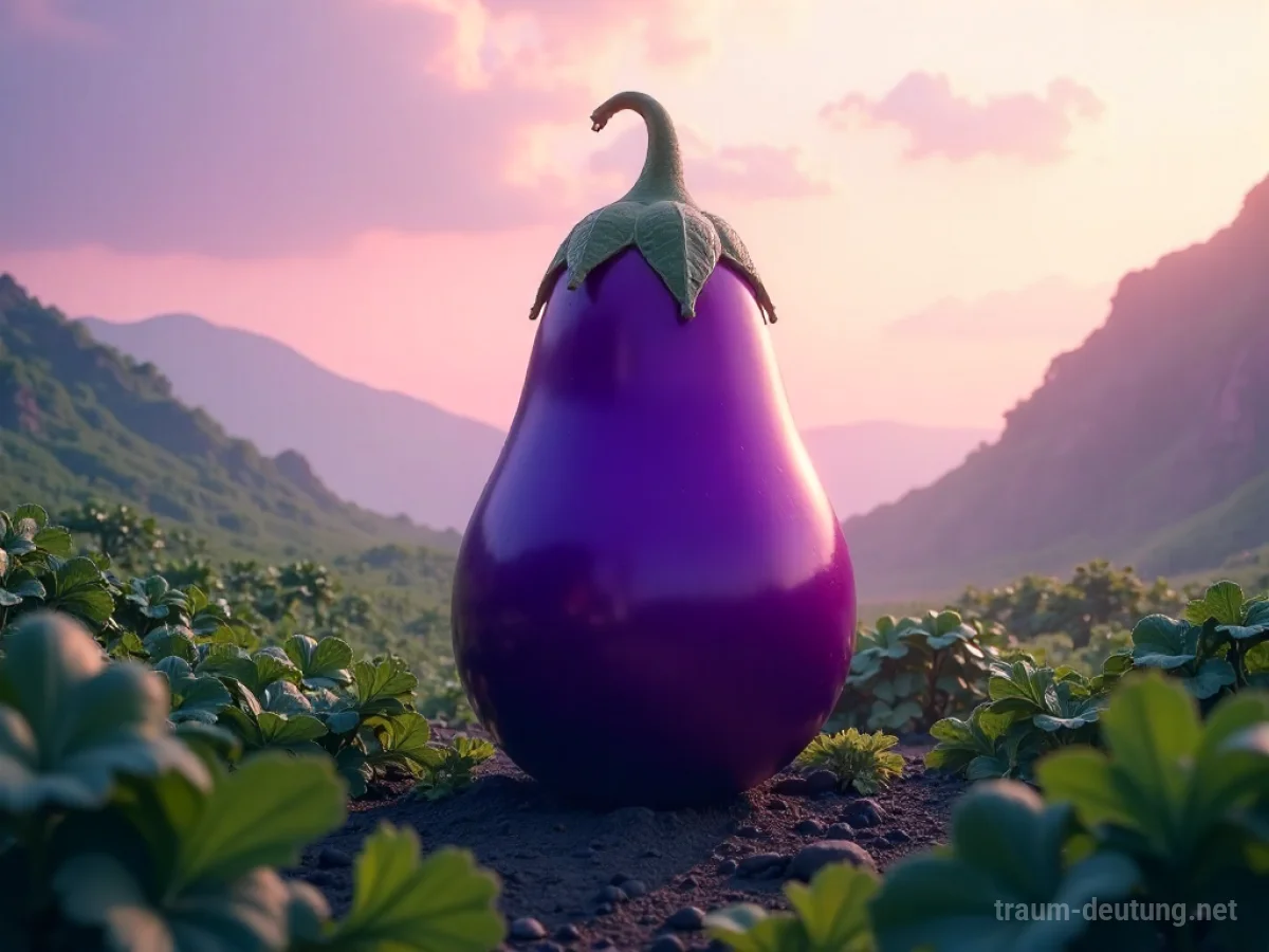 Eine riesige Aubergine ragt in einer traumhaften Landschaft auf