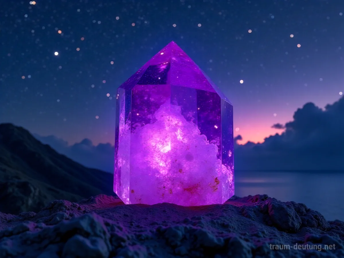Ein riesiger, leuchtender Amethystkristall im Sternenhimmel.