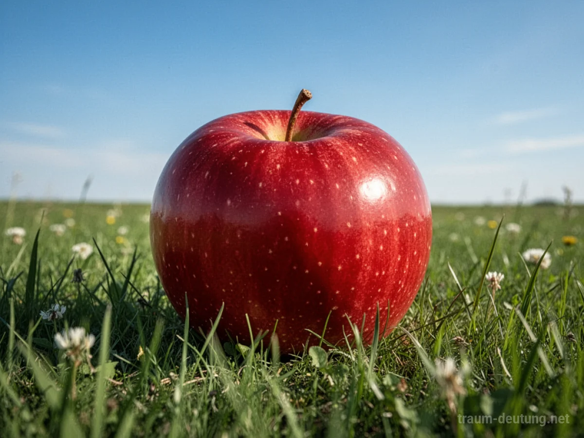 Ein riesiger, leuchtend roter Apfel auf einer grünen Wiese.