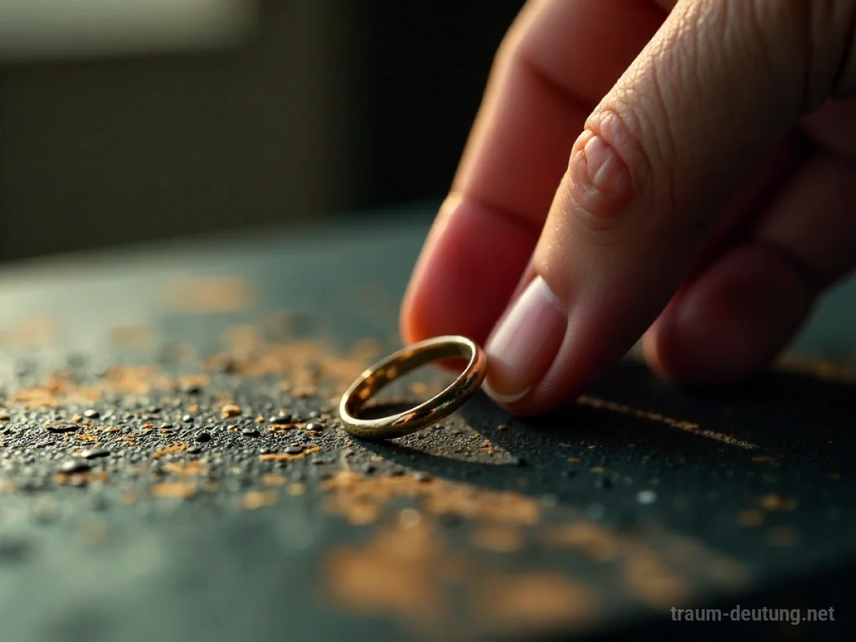 Eine Hand hebt einen goldenen Ring vom Boden auf.