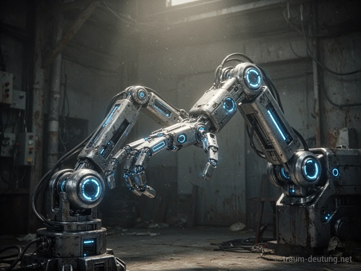 Ein Roboterarm streckt sich aus, metallisch und technisch.