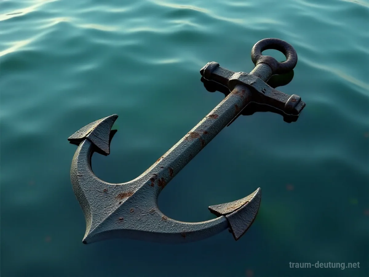 Ein stark verrosteter Anker ragt aus trübem Wasser