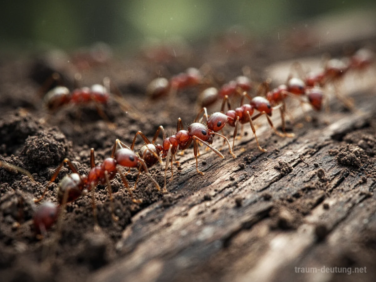 Eine Gruppe roter Ameisen krabbelt über Holz.