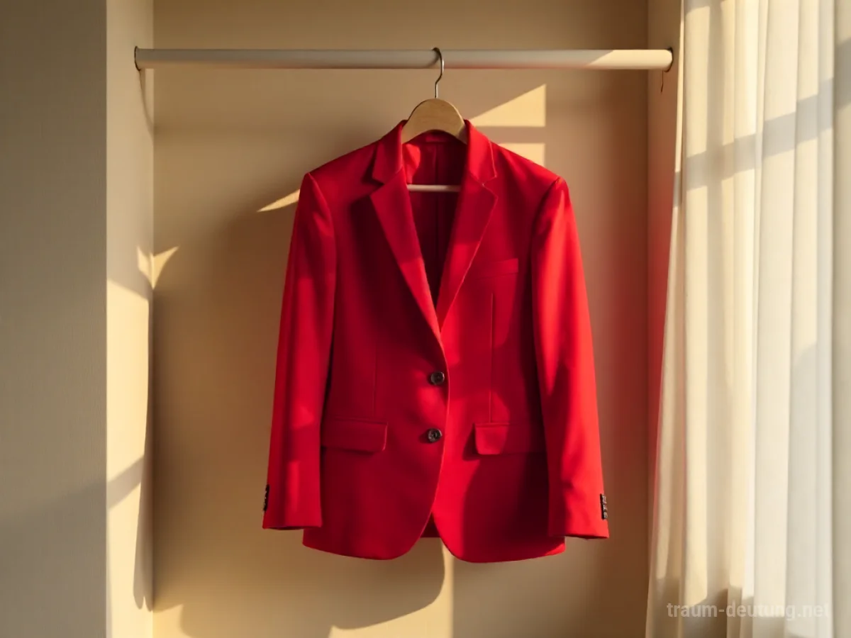 Ein roter Anzug hängt auf einem Kleiderbügel in einem schlichten Raum.