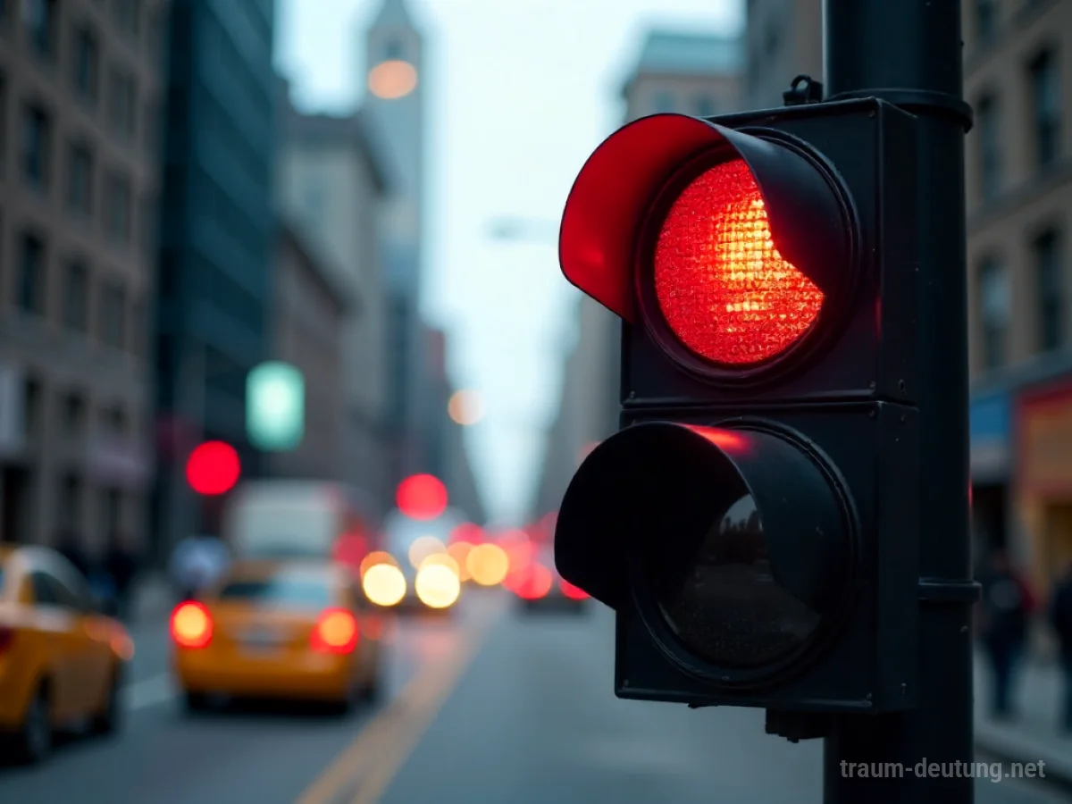Eine rote Ampel leuchtet auf einer leeren Straße im Morgengrauen.