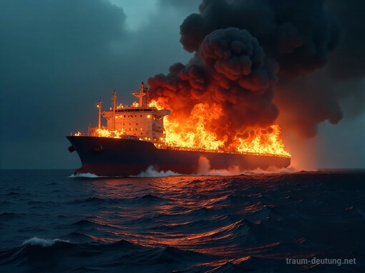 Ein brennendes Schiff auf hoher See bei Nacht