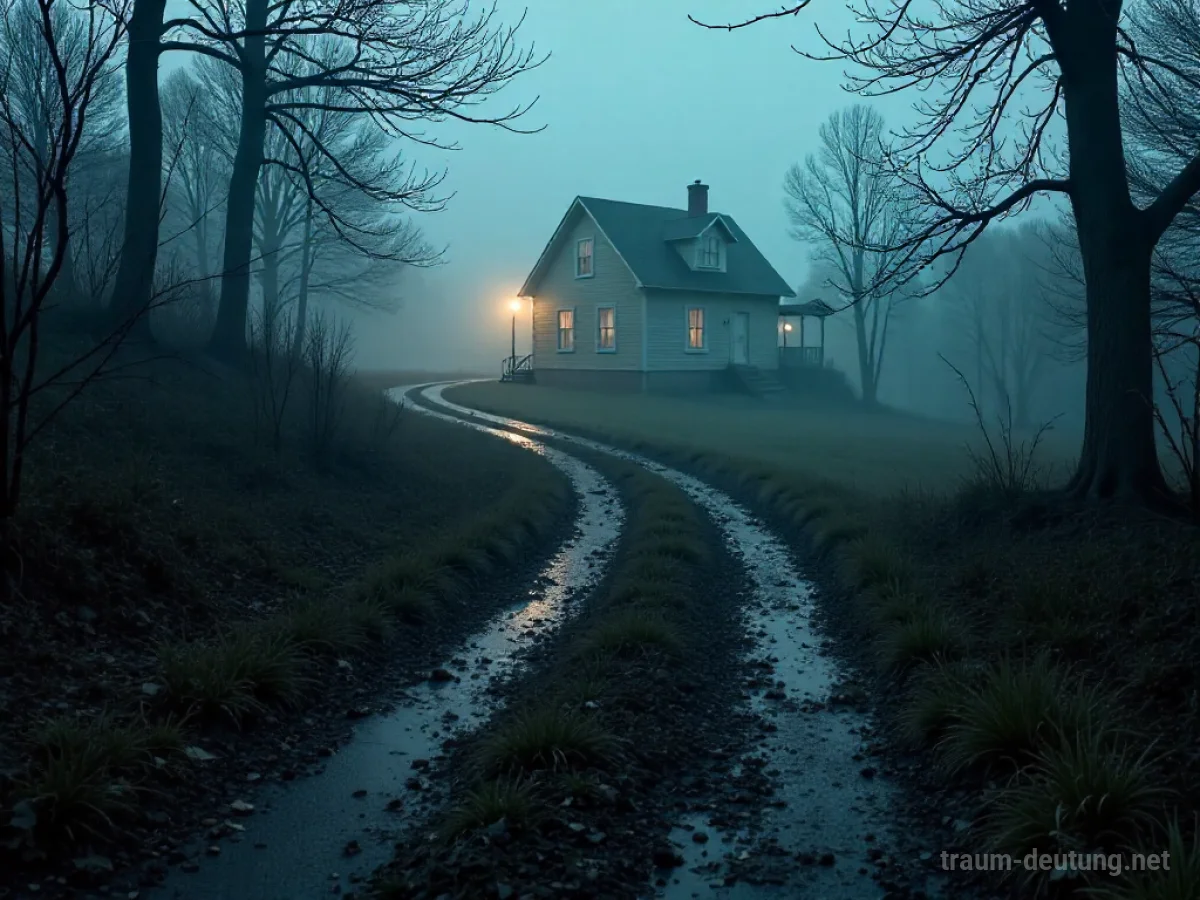 Eine schmutzige Auffahrt, die zu einem Haus führt, umgeben von Nebel.