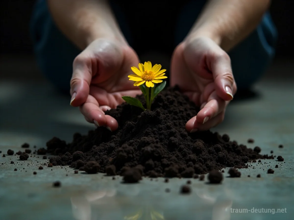 Hände heben schmutzige Erde auf, aus der eine Blume wächst.