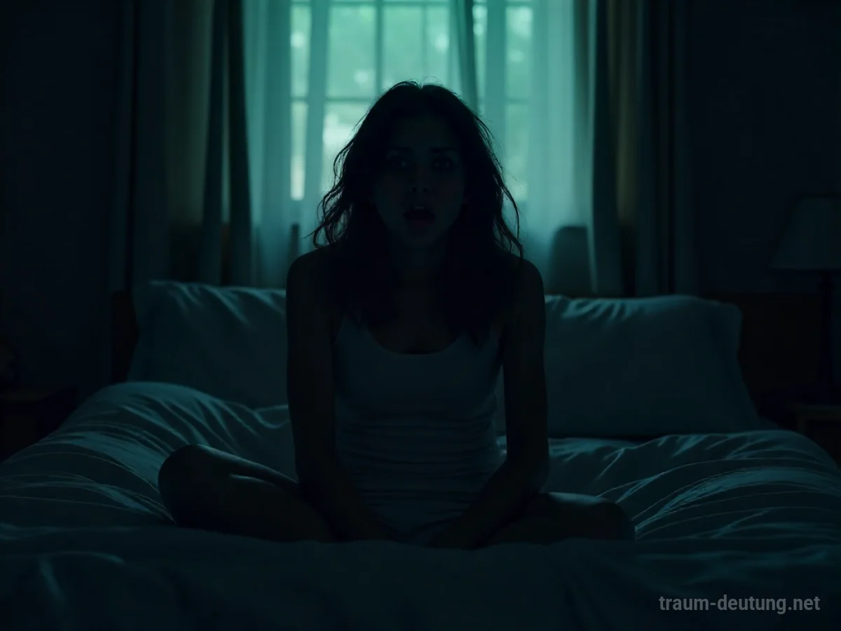 Person schreiend im Bett erwachend, von dunklen Schatten umgeben.