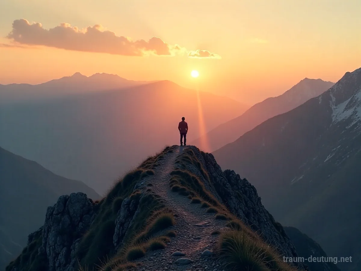 Ein Mensch steht auf einem Berggipfel und blickt auf eine weite Landschaft.