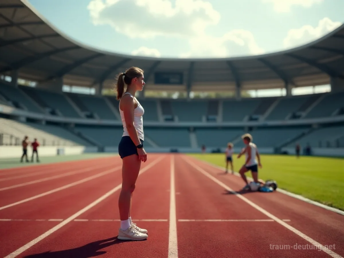 Eine Person in Sportkleidung steht entschlossen an der Startlinie einer Rennstrecke.