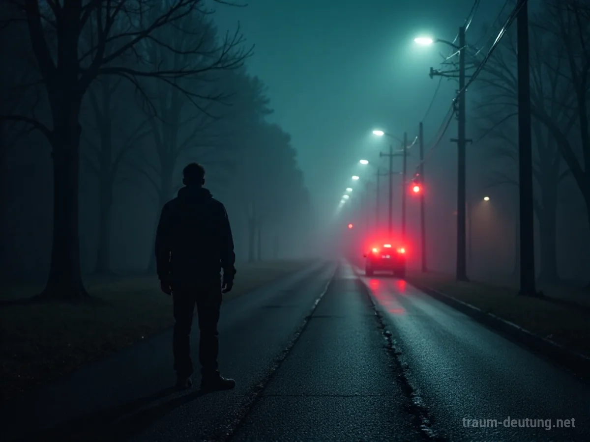Silhouette einer Person, die nachts auf einer Straße zu einem entfernten Sirenenschein blickt
