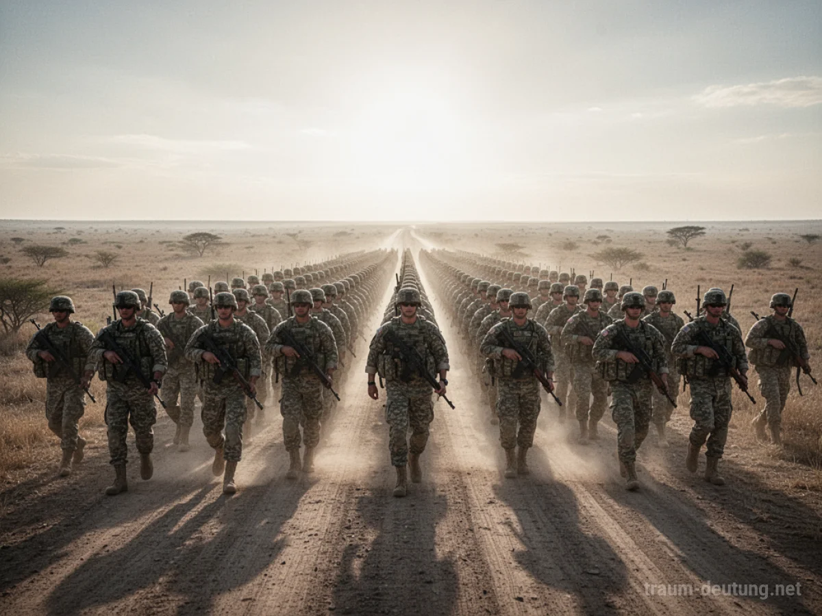 Soldaten der Armee marschieren in Formation auf einer Straße.