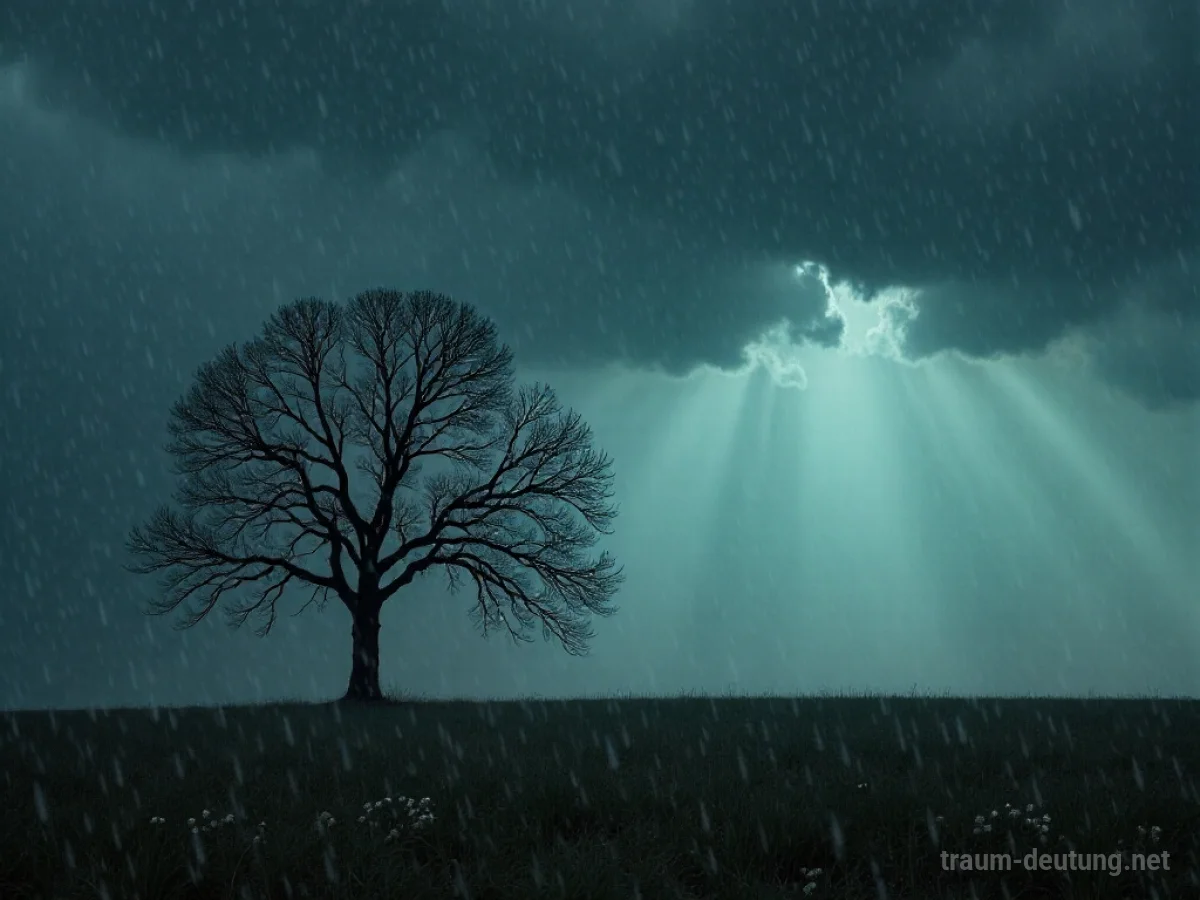 Starker Aprilregen fällt auf einen einzelnen Baum auf einem Feld