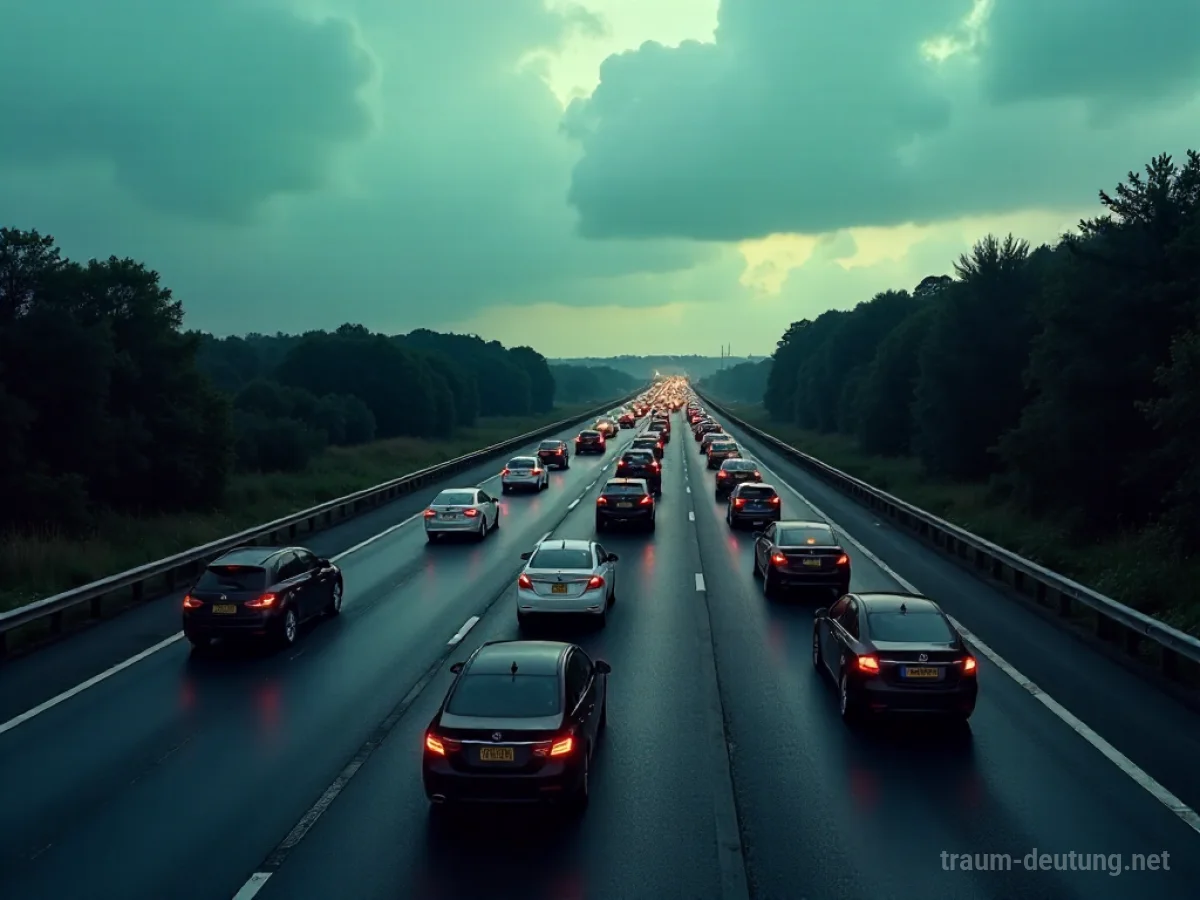Viele Autos stehen im Stau auf einer breiten Autobahn.
