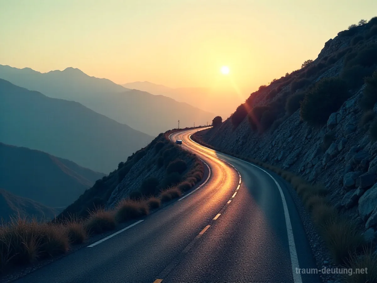 Eine steile Auffahrt unter blauem Himmel, ein Auto fährt bergauf.