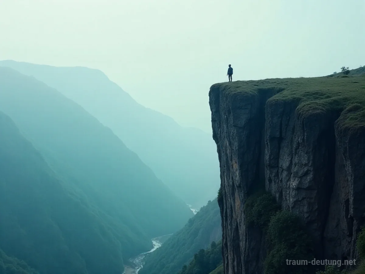Eine Person steht am Rand eines steilen Abhangs mit Blick ins Tal.
