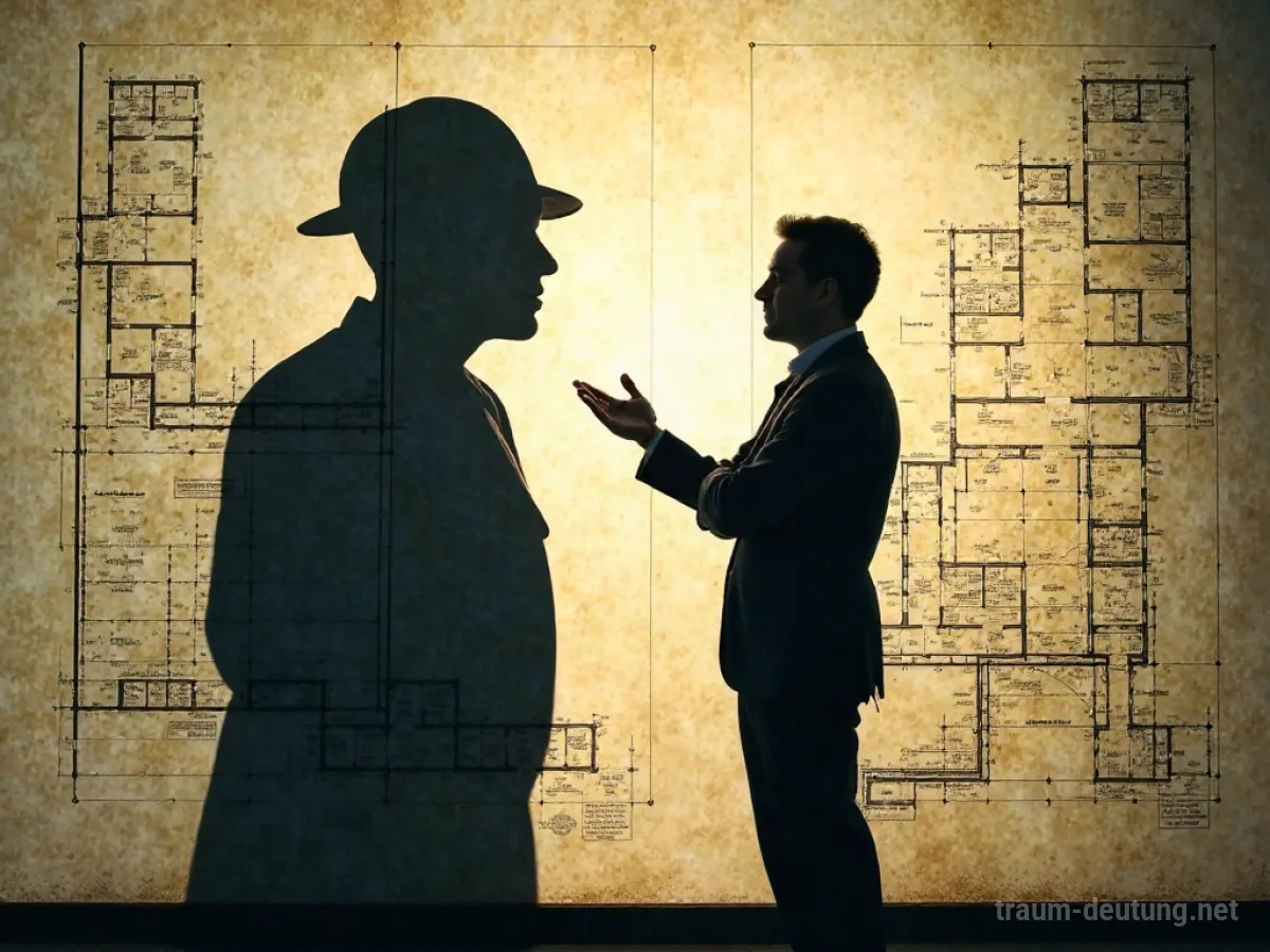 Streit mit einem Architekten im Traum dargestellt durch Silhouetten und Baupläne.