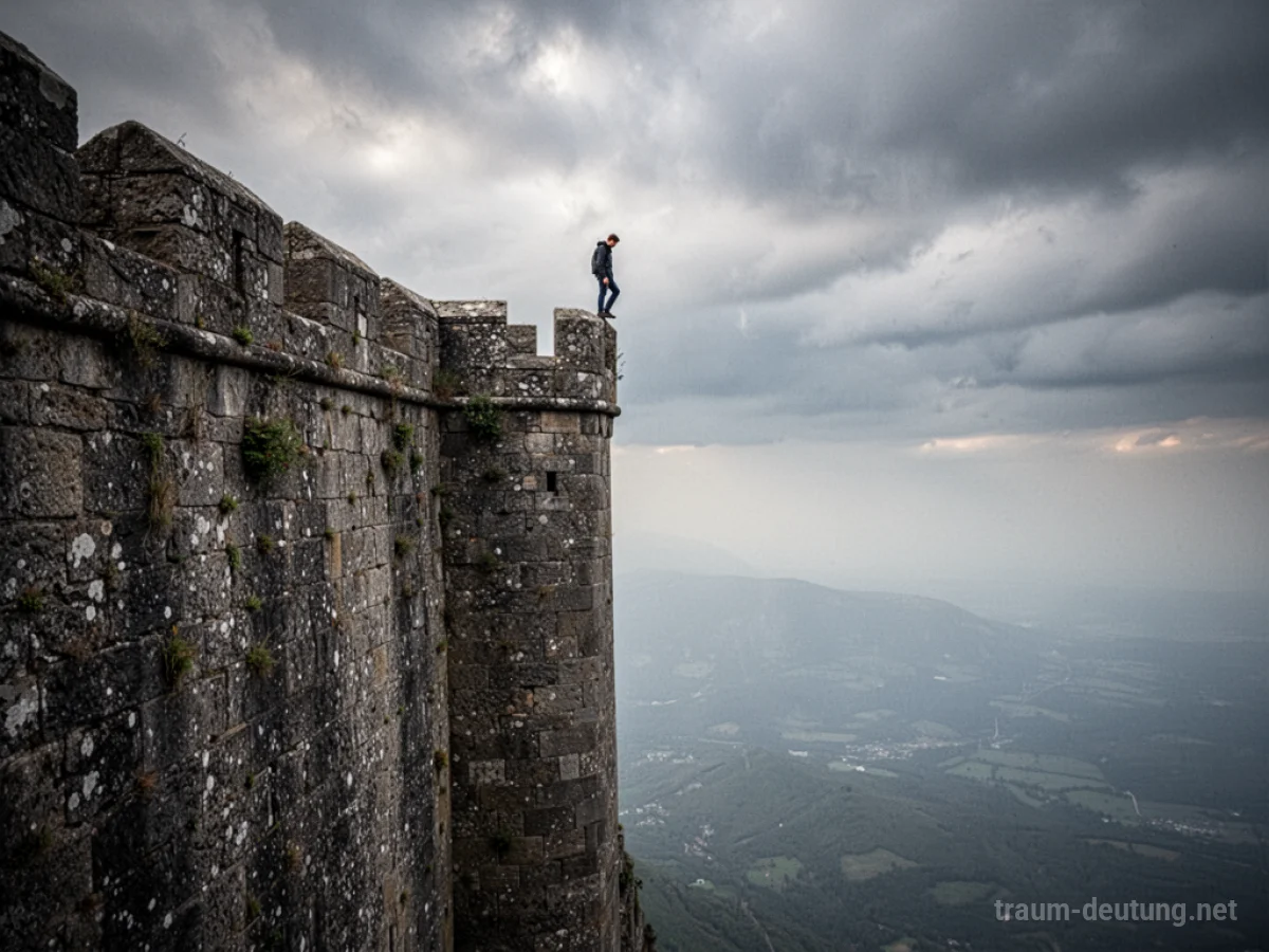 Figur am Rand einer hohen Mauer stehend, Blick nach unten ins Leere