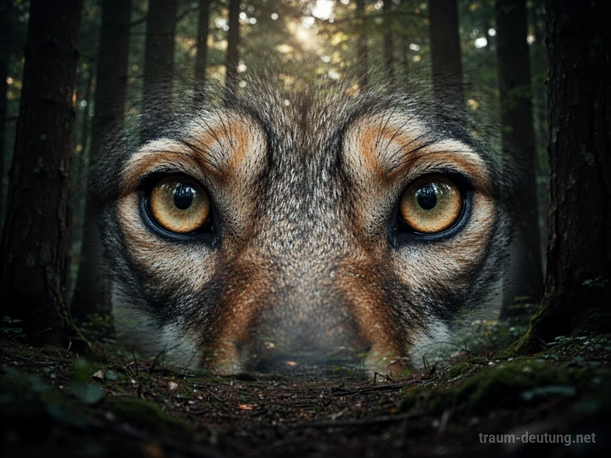 Ein Paar Tieraugen blickt aus dunklem Wald hervor.