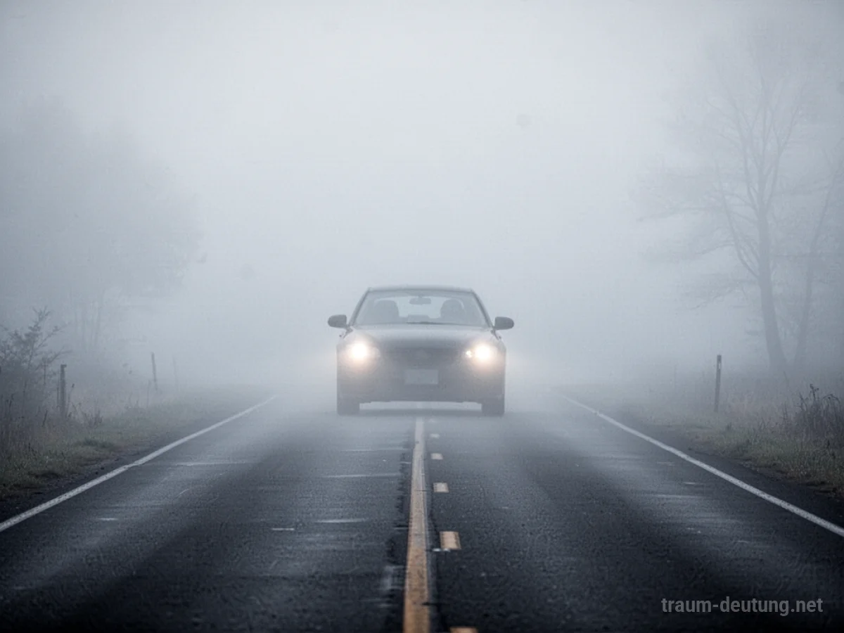 Silhouette eines Autos im dichten Nebel auf einer einsamen Straße
