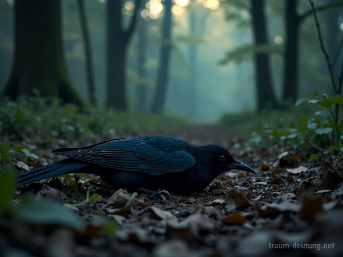 Eine tote Amsel liegt auf Waldboden.