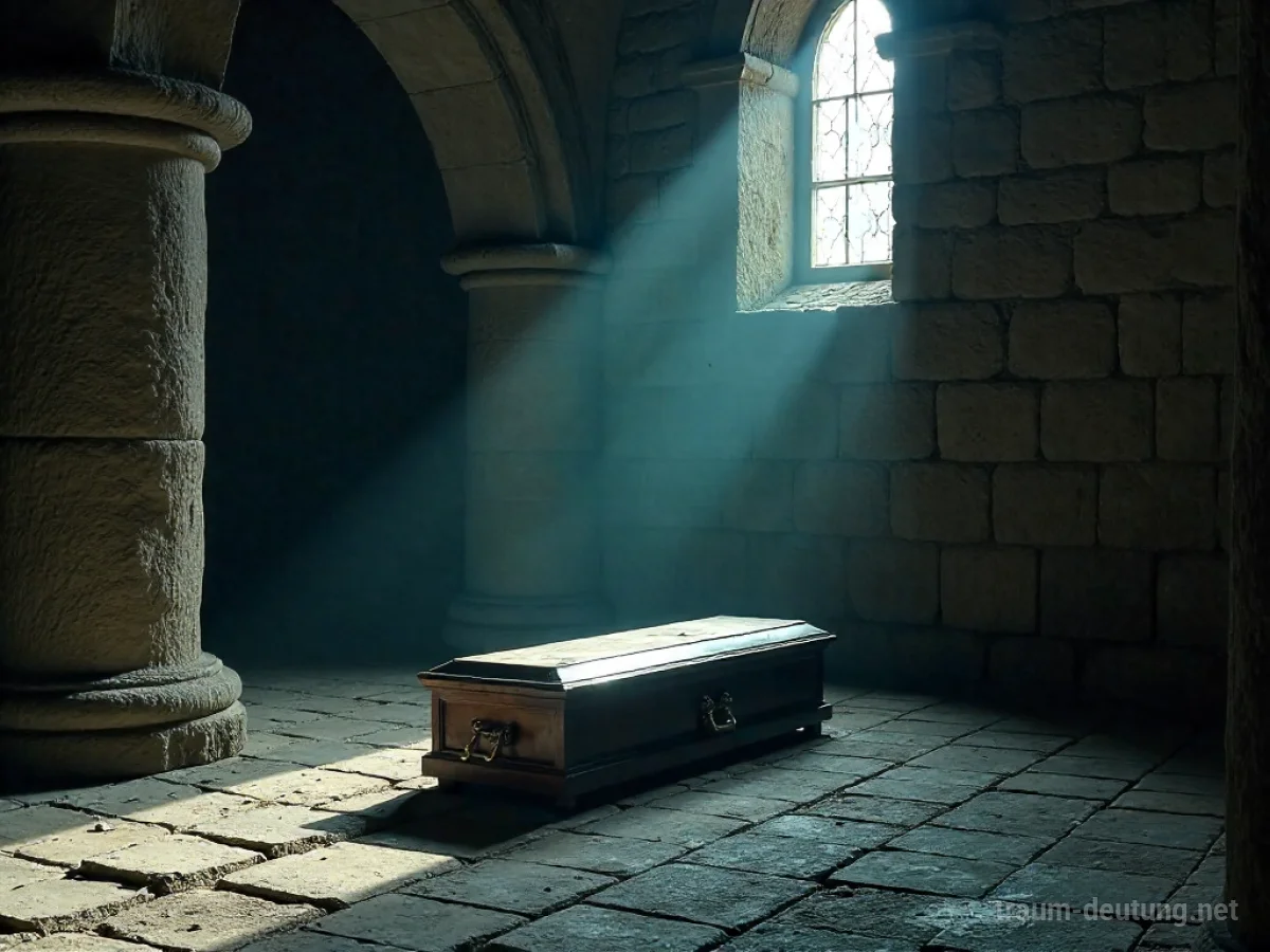 Ein leerer Sarg in einem alten Klosterraum bei Mondlicht