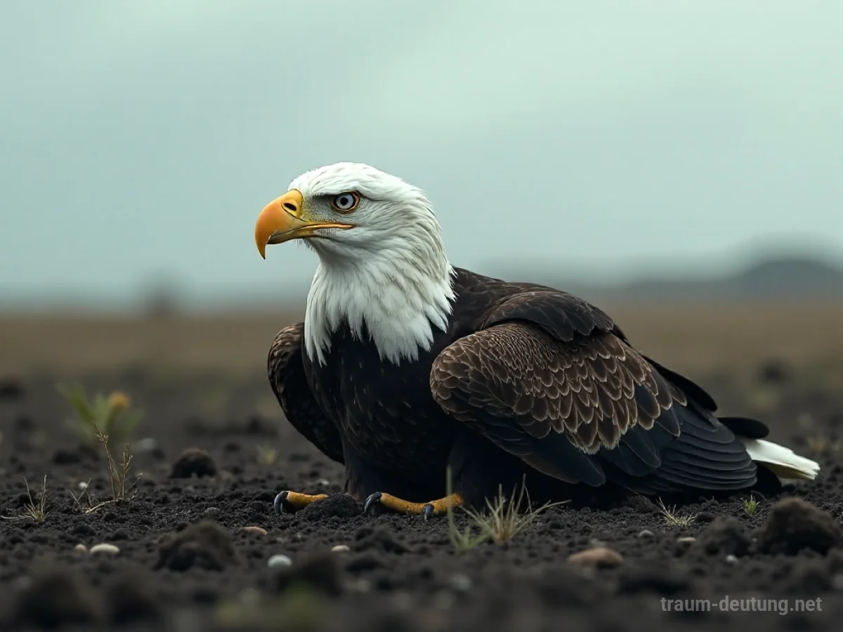 Ein toter Adler liegt still auf kahlem Boden unter einem grauen Himmel.