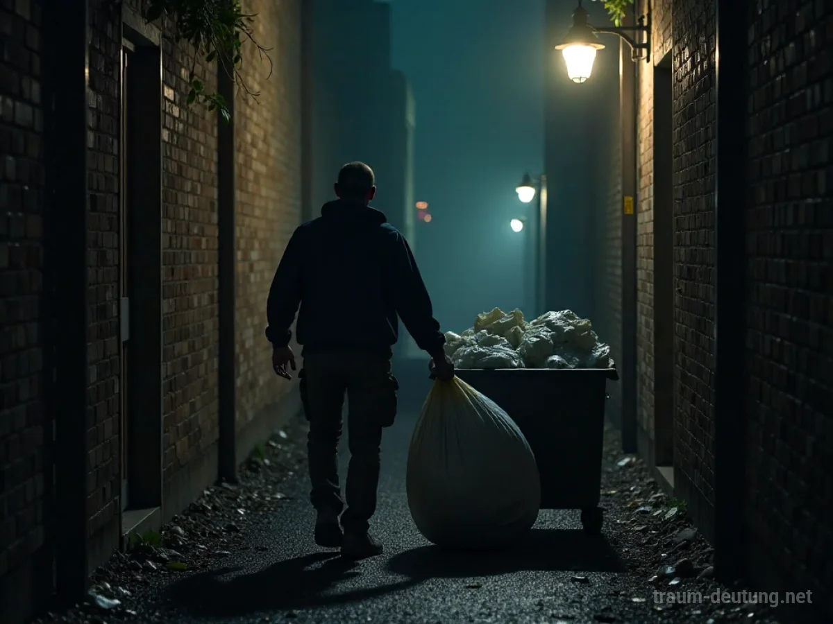 Person trägt einen großen Müllsack die Gasse entlang zum Container