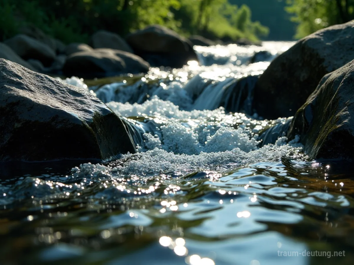 Dunkles Abwasser fließt in klares Wasser über, beleuchtet von Sonnenlicht.