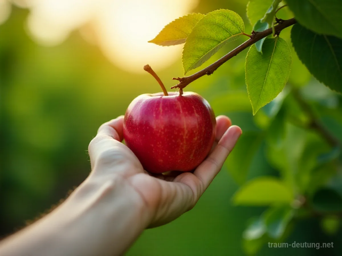 Hand pflückt reifen Apfel vom Ast eines Apfelbaums.