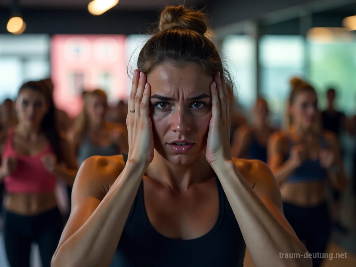 Person in einem Aerobic-Kurs, die sichtlich Mühe hat mitzuhalten.
